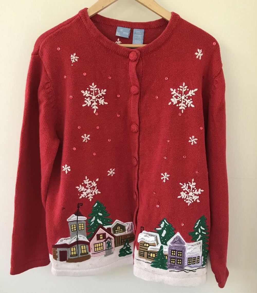 Vtg Holiday Editions Womens Red Button Up Ugly Christmas Cardigan Sweater L 46"